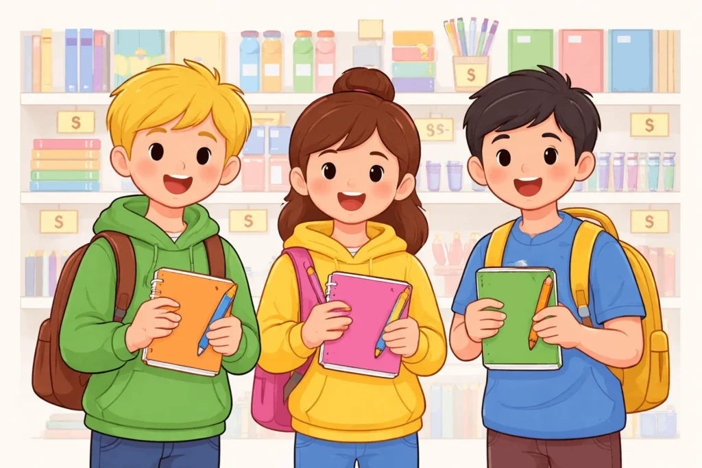 Tres amigos comprando cuadernos y bolígrafos en una tienda, ejemplo de la propiedad distributiva en la vida real