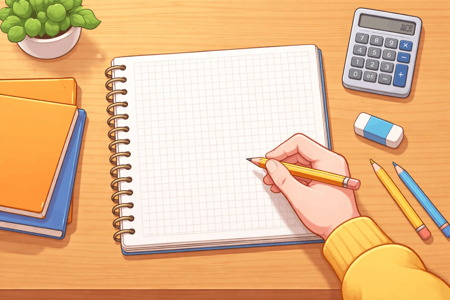 Cuaderno de matemáticas con ejercicios de propiedad distributiva, lápiz y calculadora sobre un escritorio