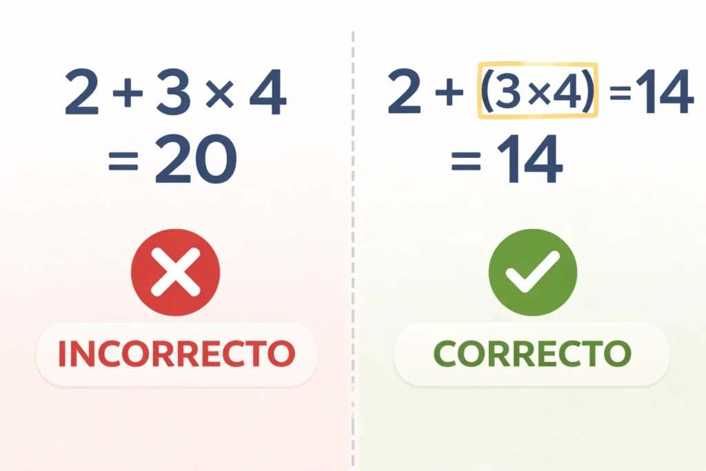 errores comunes en jerarquía de operaciones ejemplo correcto e incorrecto 2 + 3 × 4