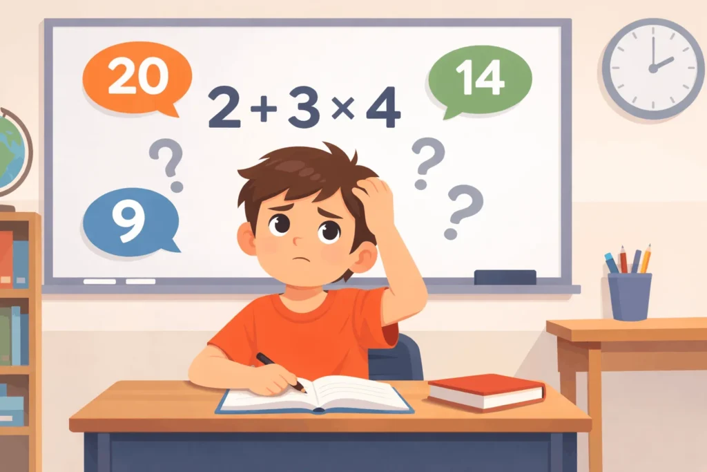 estudiante confundido resolviendo 2 + 3 × 4 ejemplo de jerarquía de operaciones