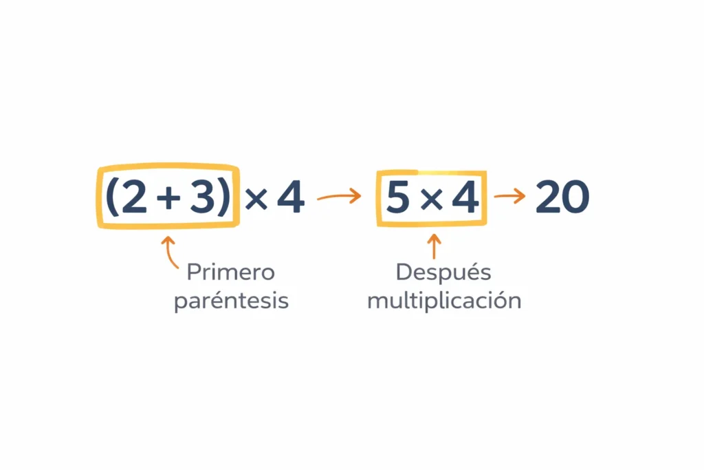 ejemplo paso a paso de jerarquía de operaciones con paréntesis (2 + 3) × 4