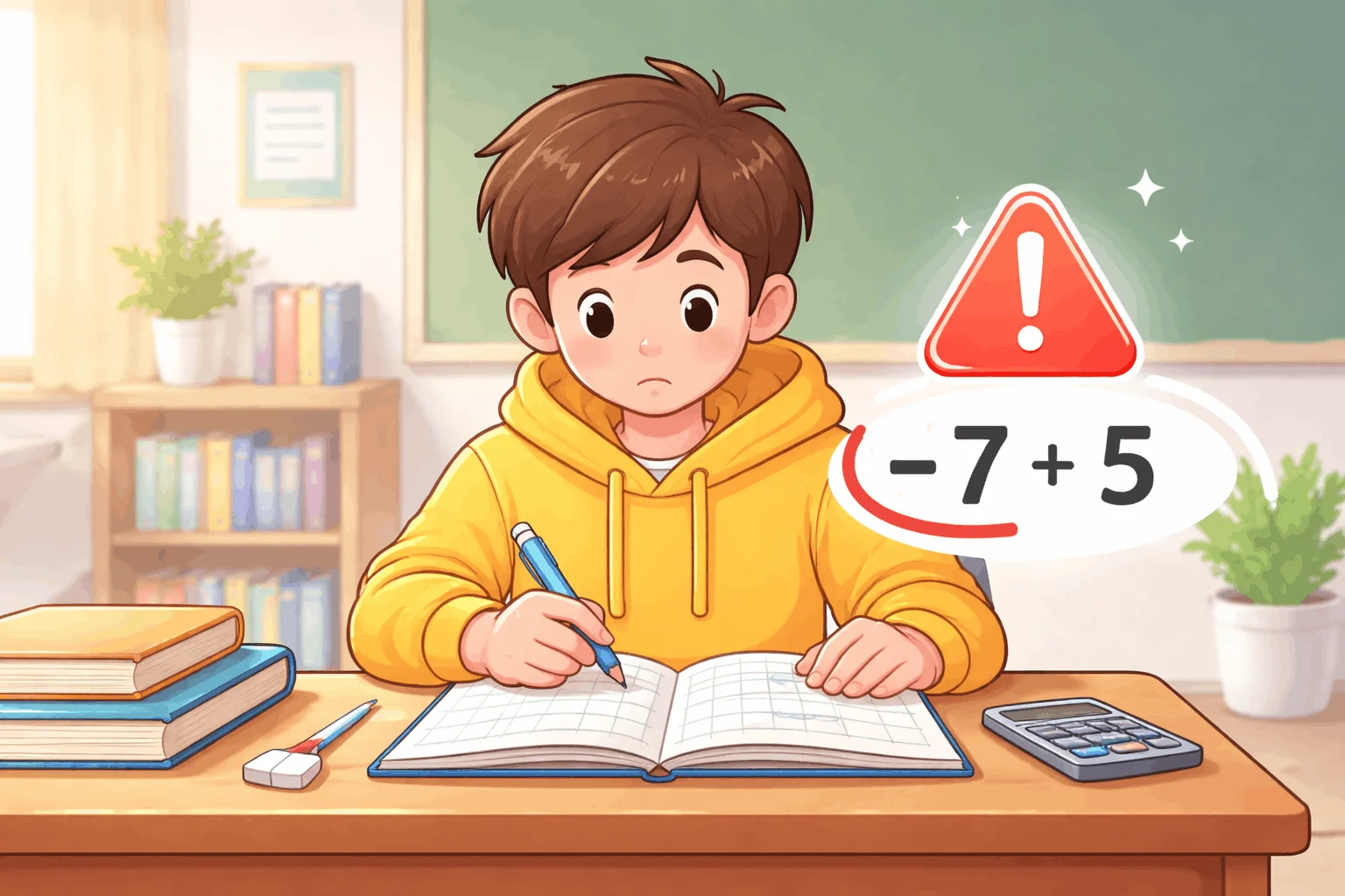 Estudiante revisando con atención una ecuación con números negativos aplicando la propiedad distributiva