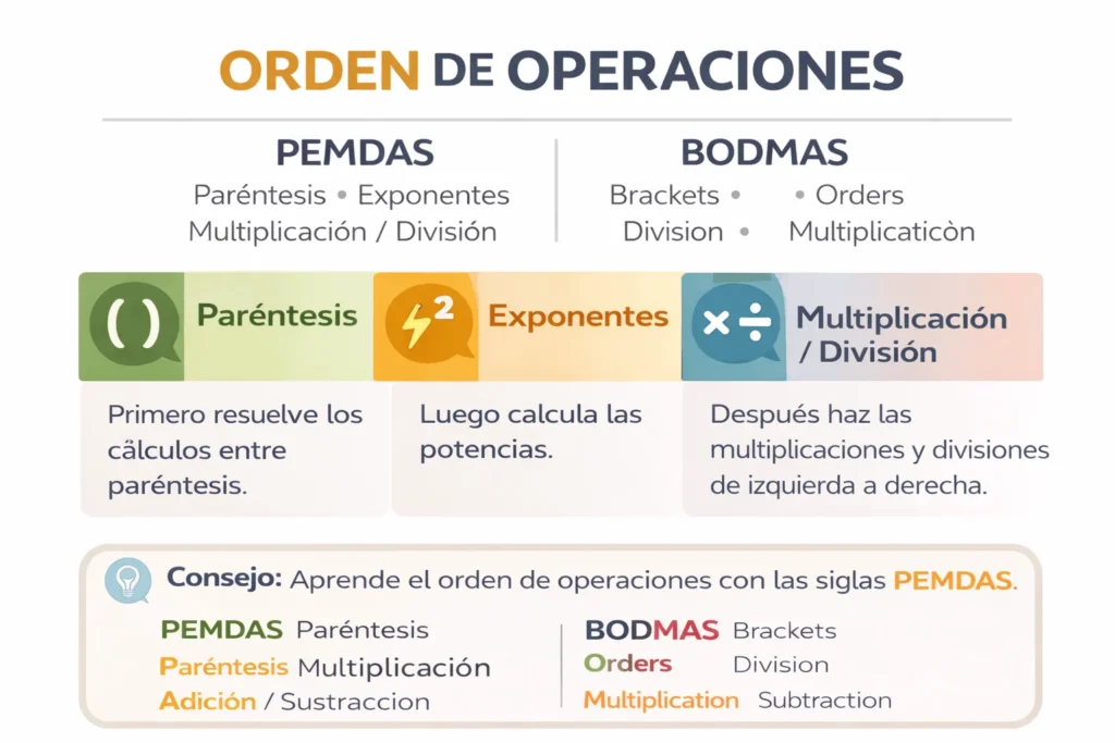 reglas de la jerarquía de operaciones pemdas y bodmas explicadas con ejemplos